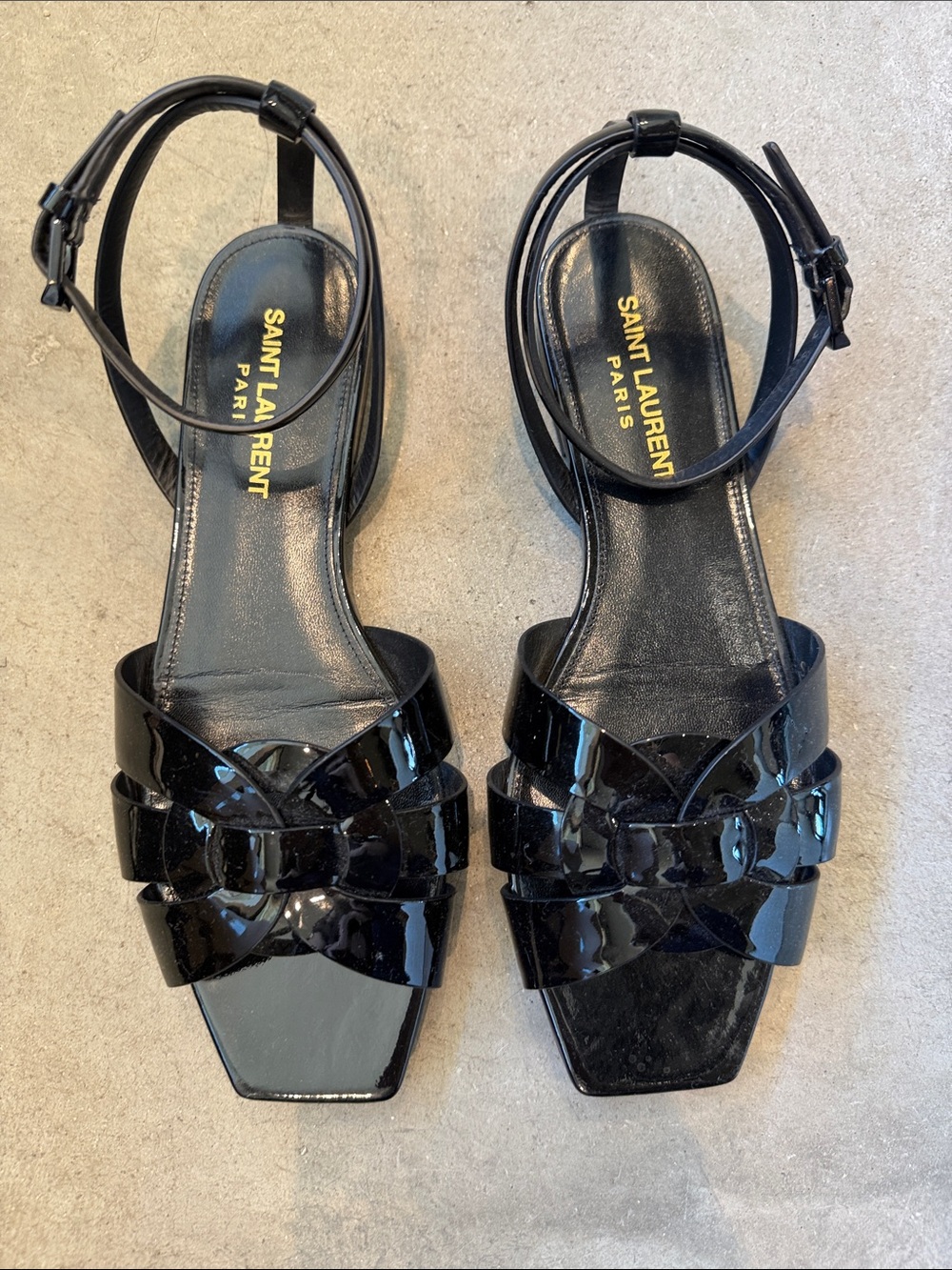 Saint Laurent Black Patent Leather Woven-Strap Ankle-Strap Sandals
